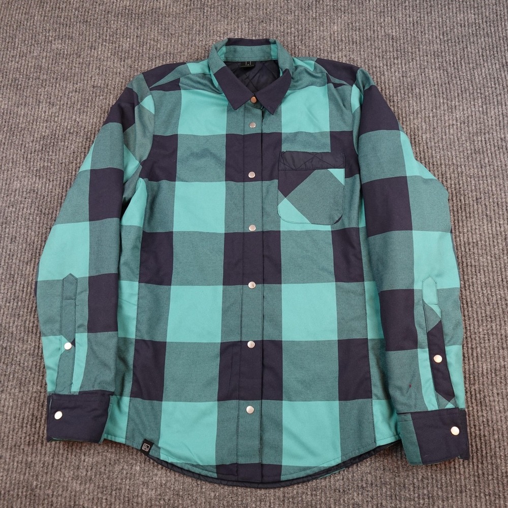 Flylow Quilted Shirt Jacket Mens Medium Green Black Plaid Snap Insulated Outdoor